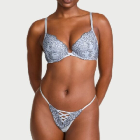 Victorias Secret Dream Angels Boho Floral Embroidery Demi Bra Blue Denim 36A Set - Picture 1 of 16